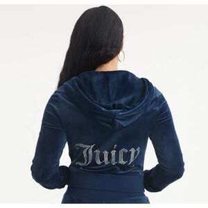Juicy Couture OG Bling Rhinestone Velour Cropped Zip Hoodie Jacket Navy Medium